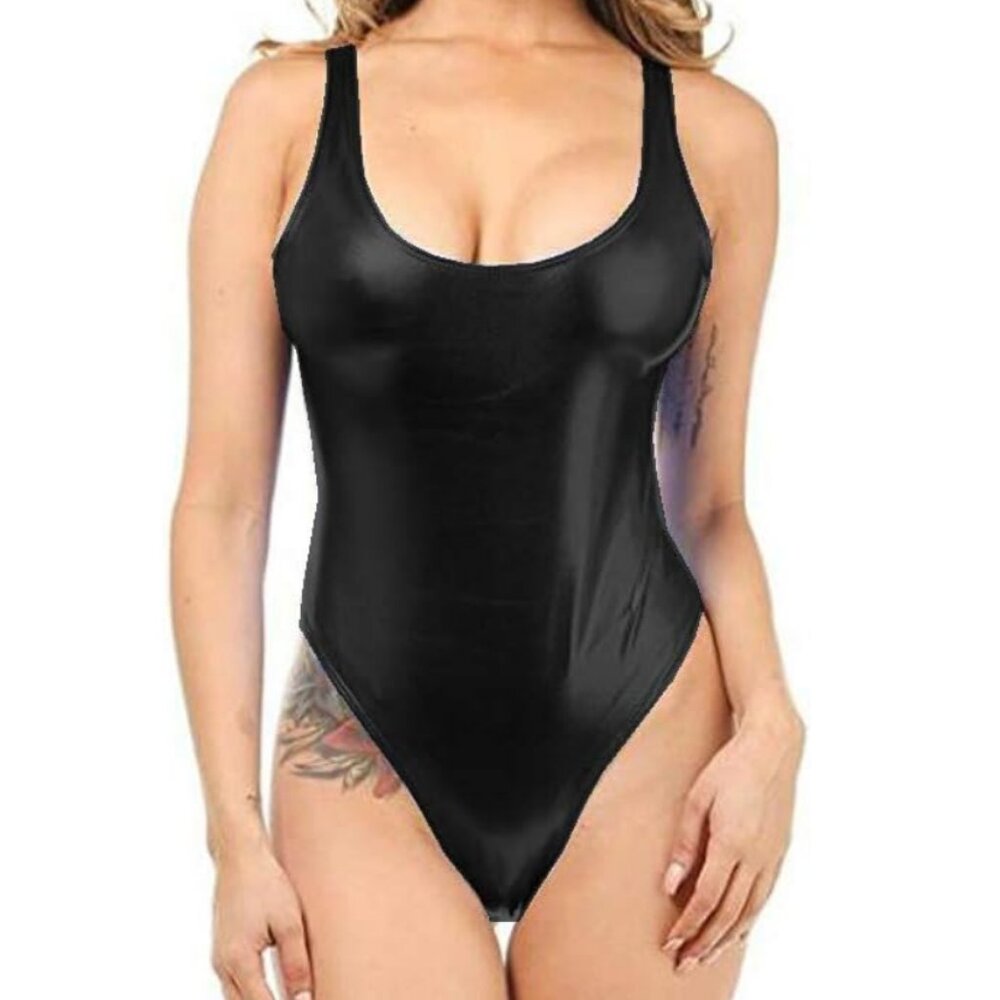 Retro 80s/90s Inspired High Front Low Cut Back One Piece in Black